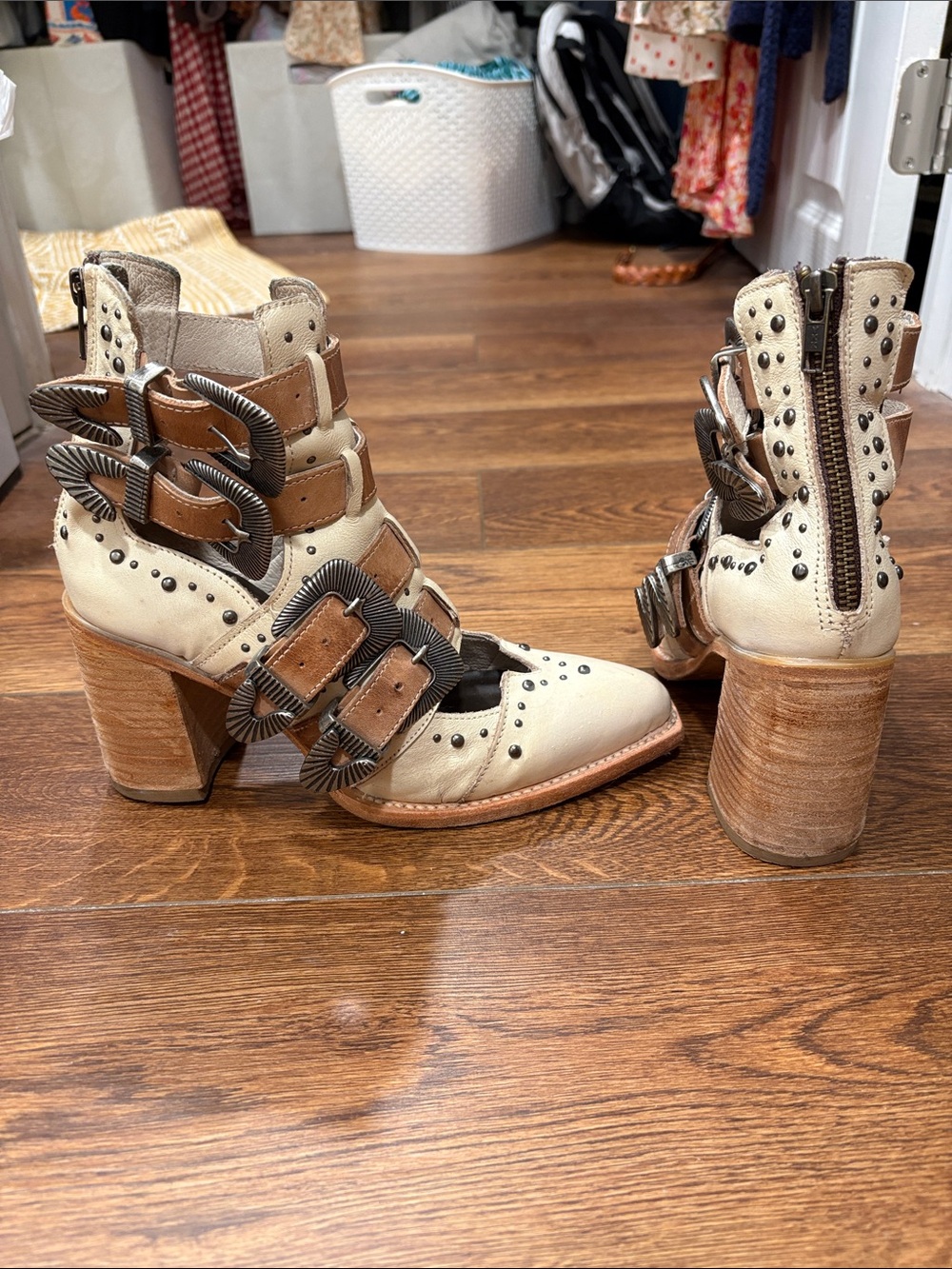 Freebird by Steven Cream and Tan Studded Strappy Ankle Boots - Picture 2 of 5